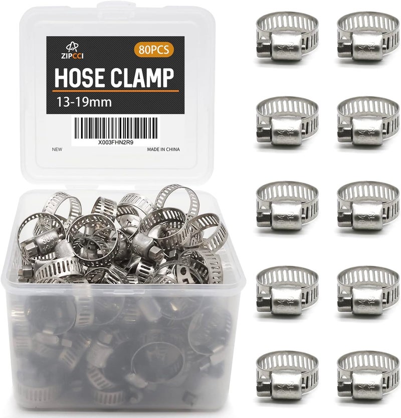 ZIPCCI Hose Clamp, 80 Pack Stainless Steel Hose Clamps Worm Gear Fuel Line Pipe Clamps, 13-19mm (1/2-3/4 inch) - Image 1